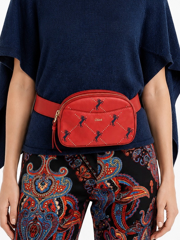 Chloe Red Leather Embroidered Horse Belt Bag